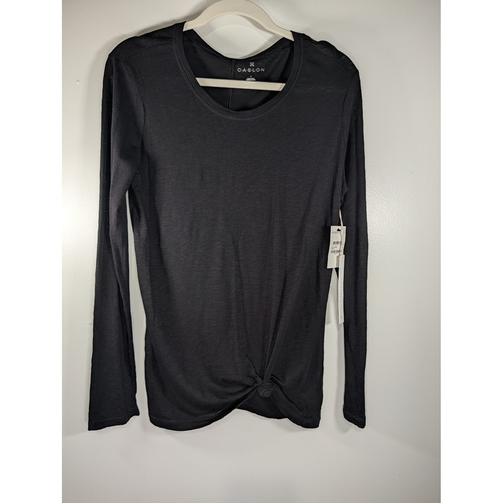 Caslon Womens Black Slub Knit Long Sleeve Twist Front Knot Top Large NWT
